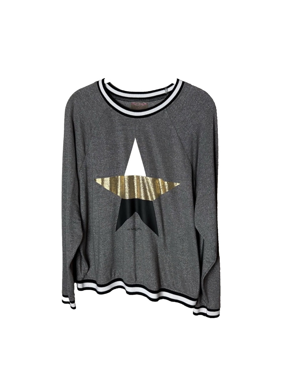 Betsey Johnson Top Size Large Long Sleeves Star Metallic Silver Gold Black White